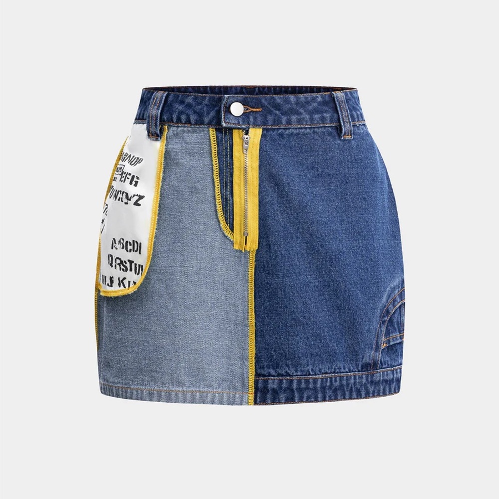 Two-Tone Blue Denim Mini Skirt with Yellow Trim